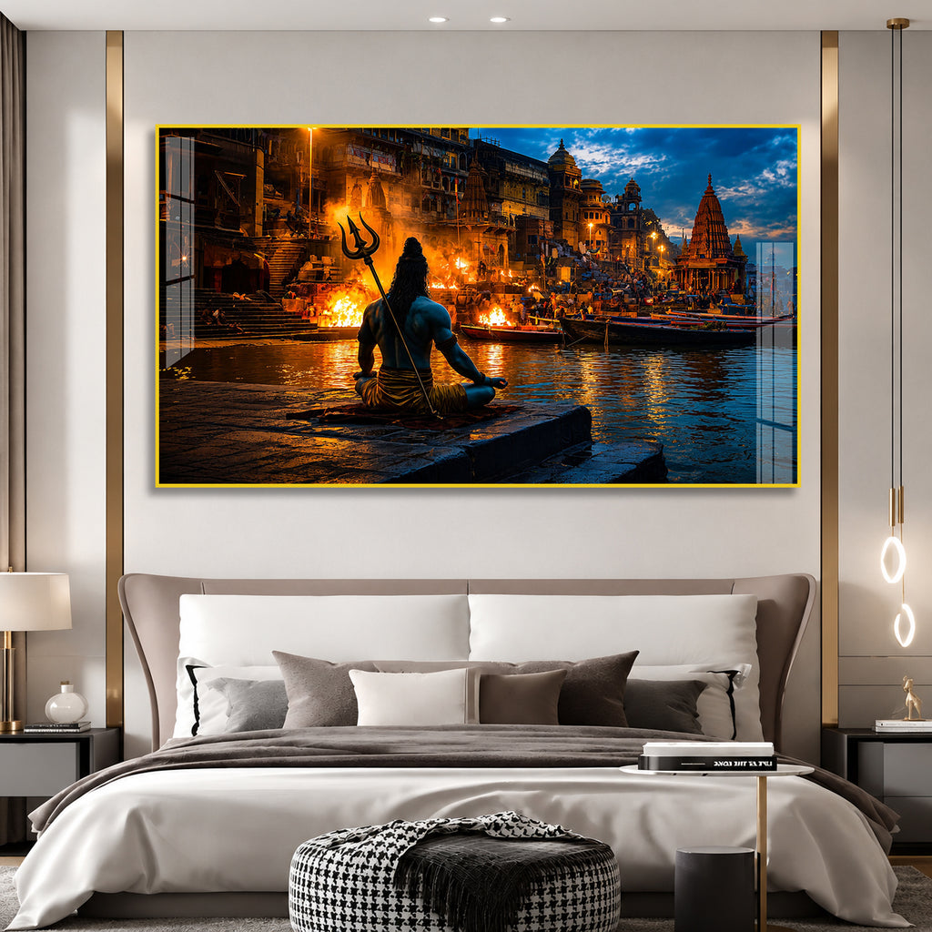 Divine Lord Shiva at Varanasi Ghat Acrylic Wall Painting for Home Temple and Spiritual Decor