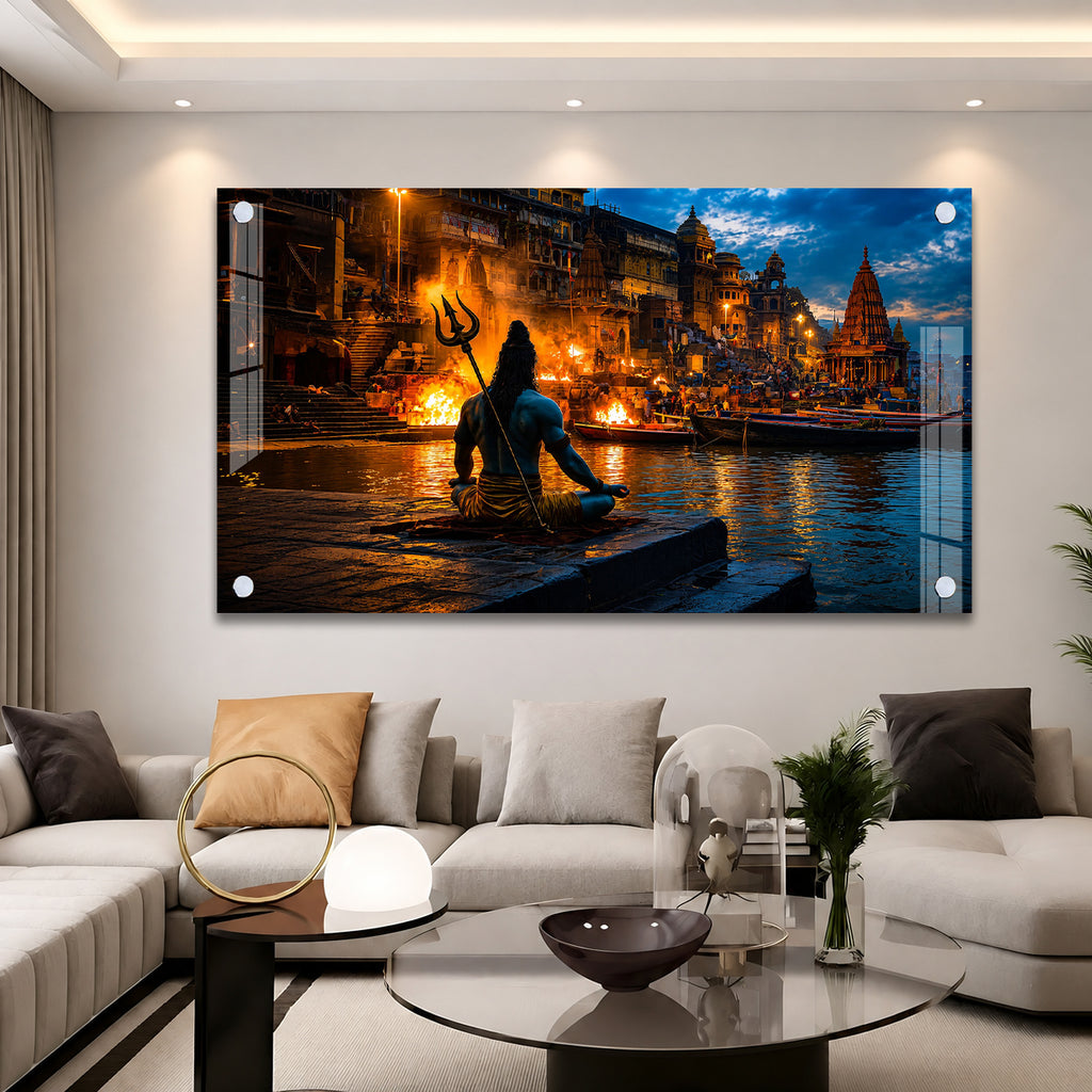 Divine Lord Shiva at Varanasi Ghat Acrylic Wall Painting for Home Temple and Spiritual Decor