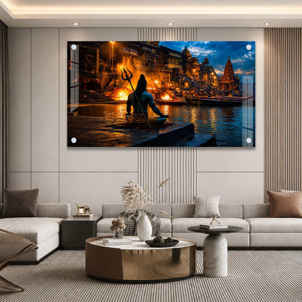 Divine Lord Shiva at Varanasi Ghat Acrylic Wall Painting for Home Temple and Spiritual Decor