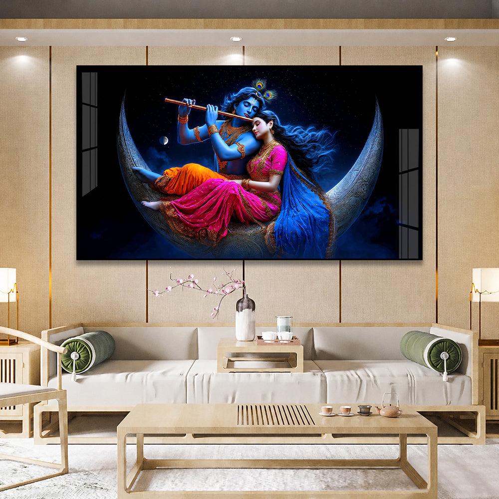 Divine Radha Krishna on Crescent Moon Acrylic Wall Painting for Home Temple and Spiritual Decor
