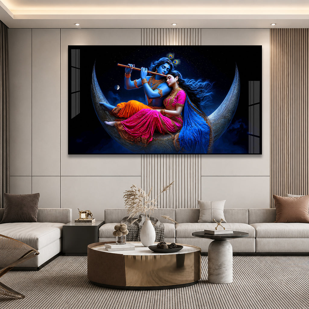 Divine Radha Krishna on Crescent Moon Acrylic Wall Painting for Home Temple and Spiritual Decor