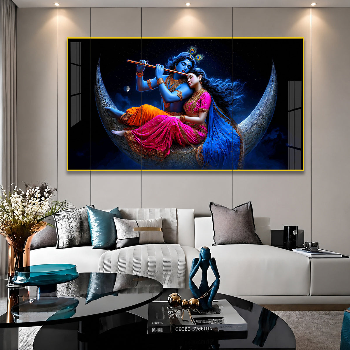 Divine Radha Krishna on Crescent Moon Acrylic Wall Painting for Home Temple and Spiritual Decor