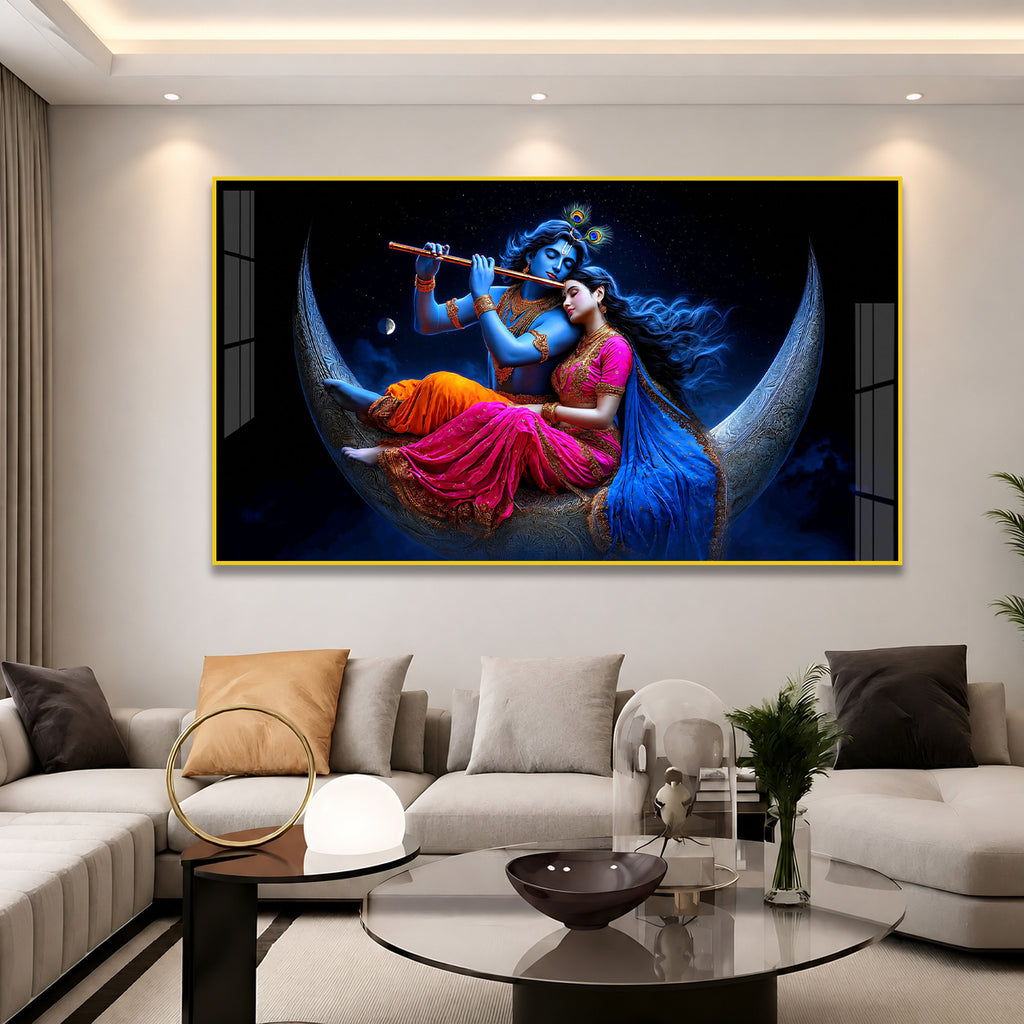 Divine Radha Krishna on Crescent Moon Acrylic Wall Painting for Home Temple and Spiritual Decor