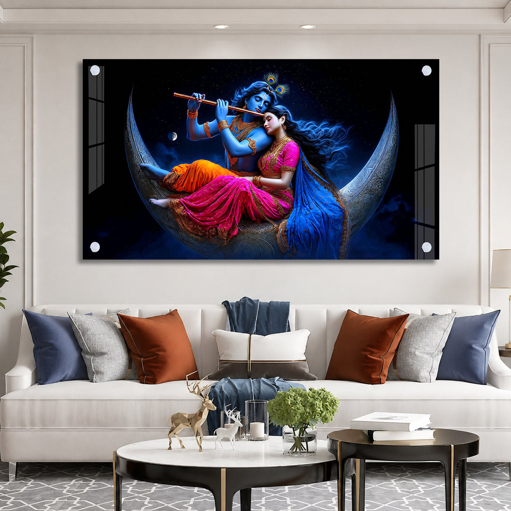 Divine Radha Krishna on Crescent Moon Acrylic Wall Painting for Home Temple and Spiritual Decor