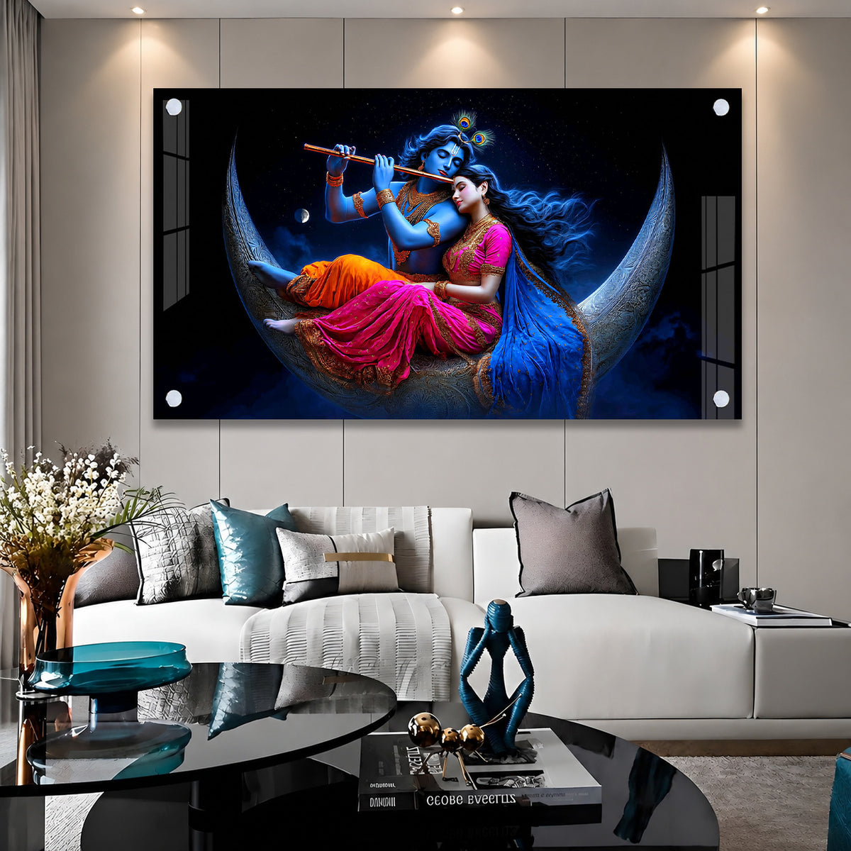 Divine Radha Krishna on Crescent Moon Acrylic Wall Painting for Home Temple and Spiritual Decor