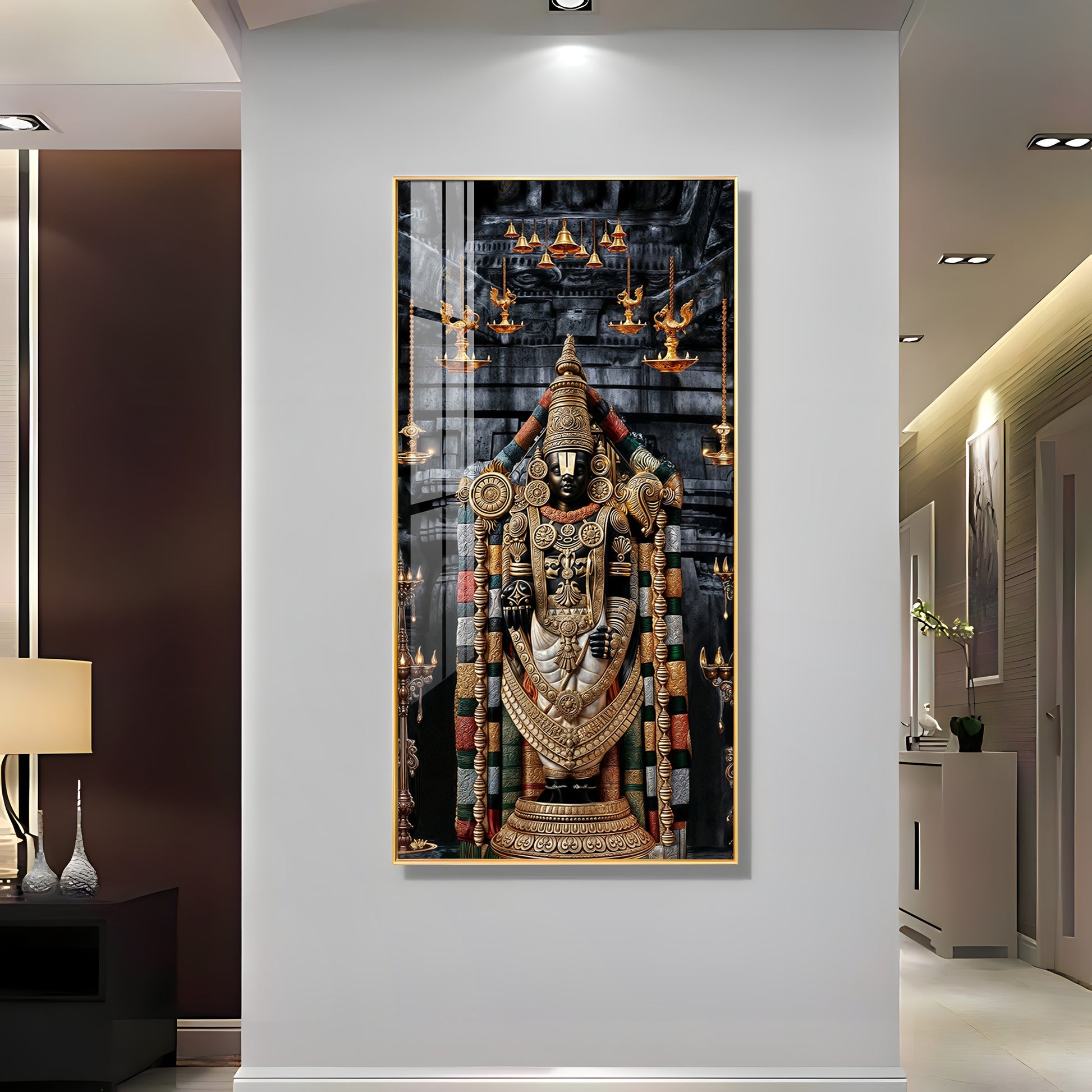 Vibrant Golden Tirupati Balaji Vertical Acrylic Wall Art for Living Room