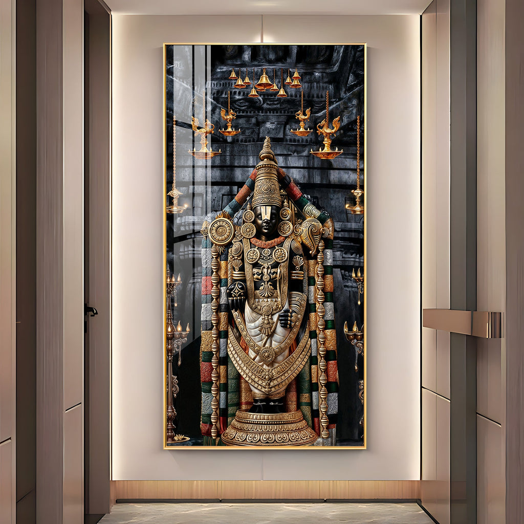 Vibrant Golden Tirupati Balaji Vertical Acrylic Wall Art for Living Room