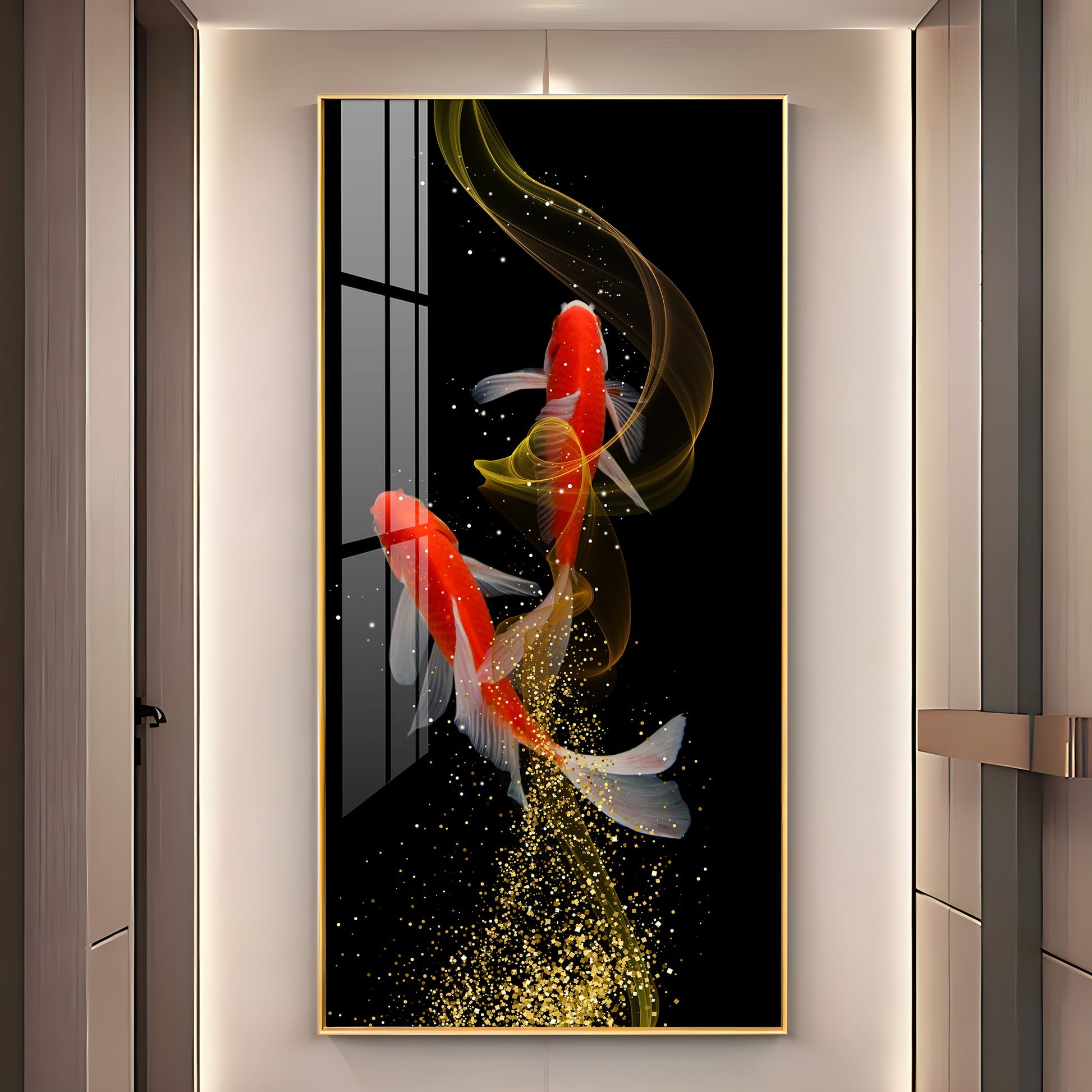 Modern Abstract Koi Fish Wall Piece with Elegant Gold Swirl Design