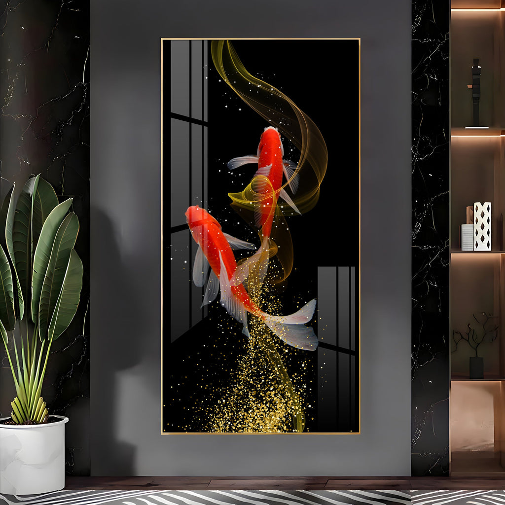 Modern Abstract Koi Fish Wall Piece with Elegant Gold Swirl Design