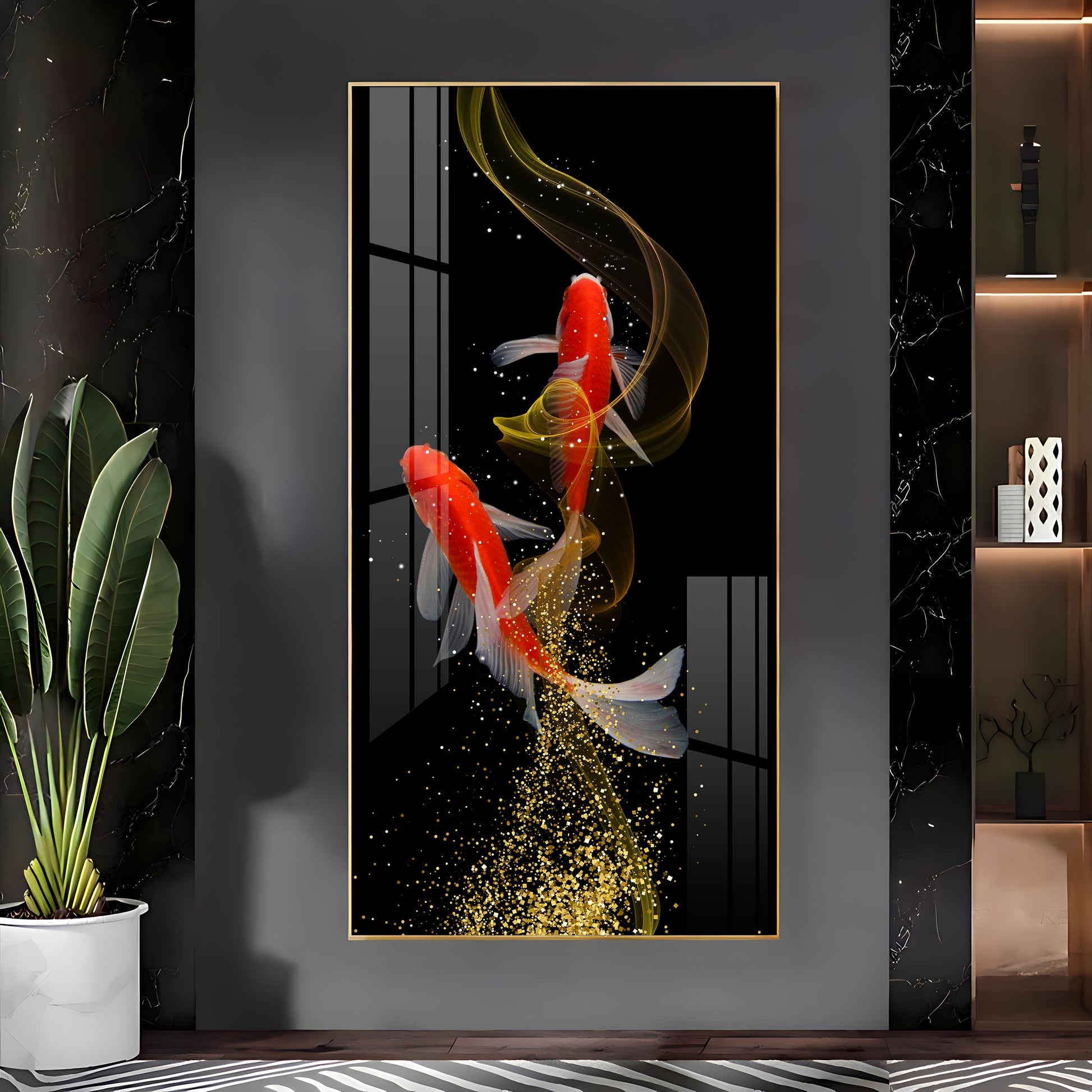 Modern Abstract Koi Fish Wall Piece with Elegant Gold Swirl Design