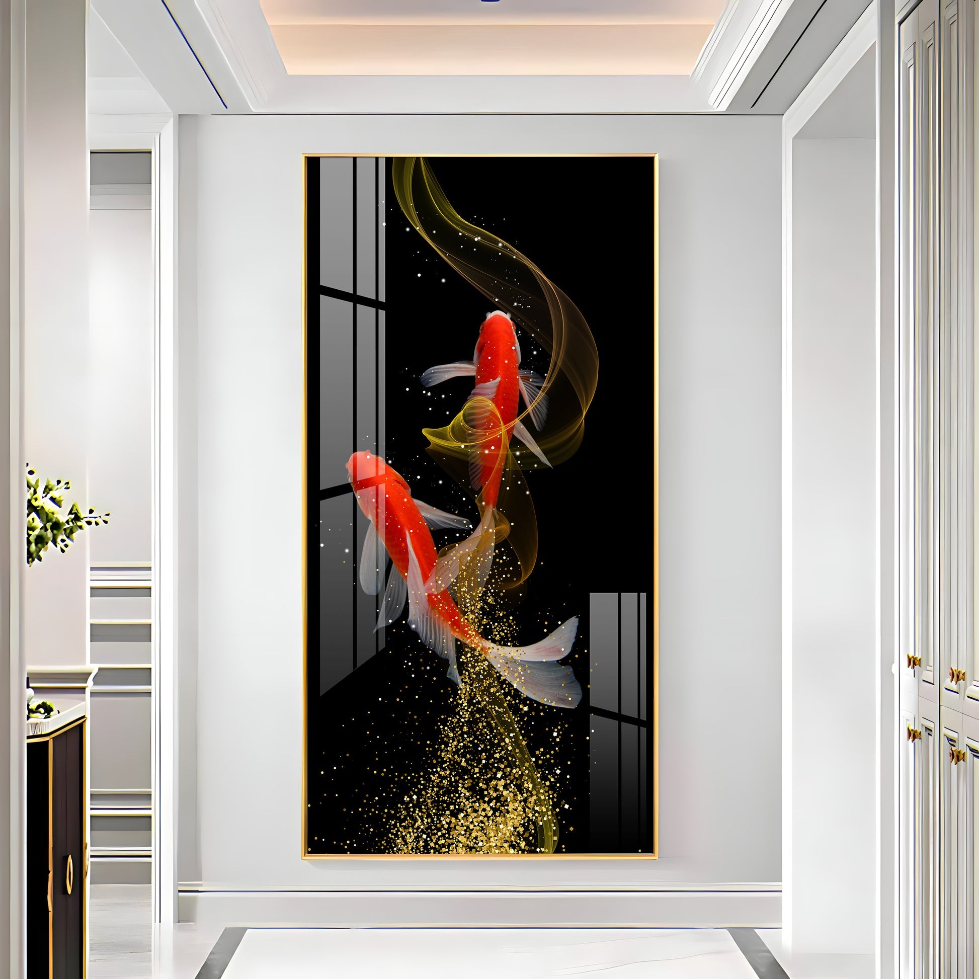 Modern Abstract Koi Fish Wall Piece with Elegant Gold Swirl Design