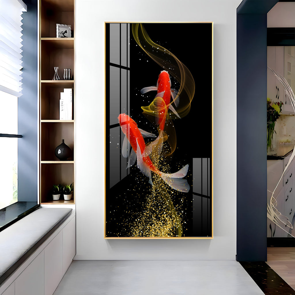Modern Abstract Koi Fish Wall Piece with Elegant Gold Swirl Design