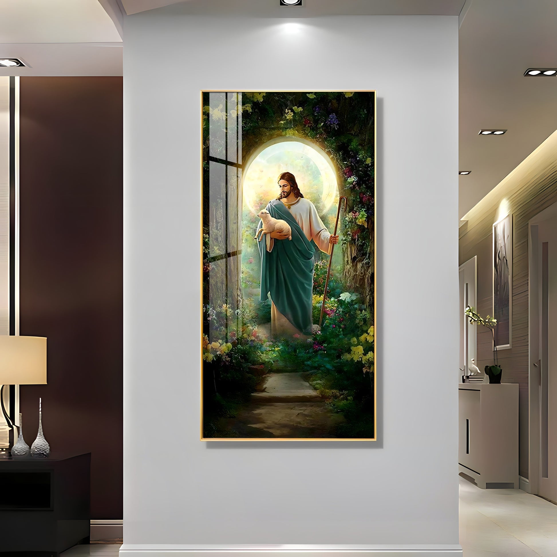 Peaceful Jesus with Sheep Acrylic Wall Painting for Living Room and Prayer Space
