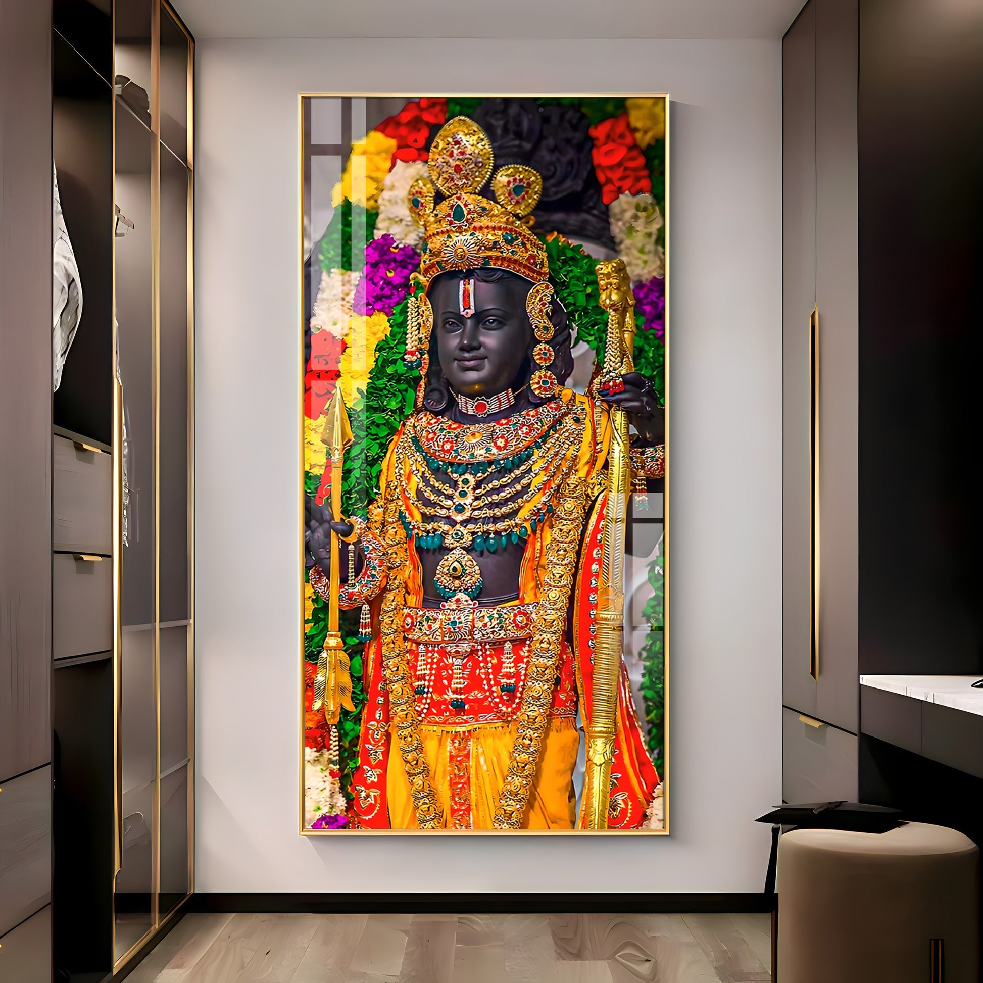 Divine Lord Ram Traditional Temple Style Acrylic Wall Painting with Rich Jewelry Details
