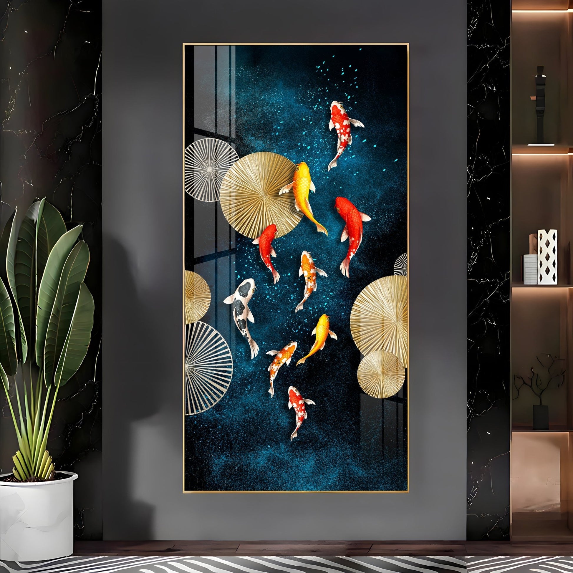 Premium Multicolor Koi Fish Acrylic Wall Painting with Abstract Blue Texture for Home Decor