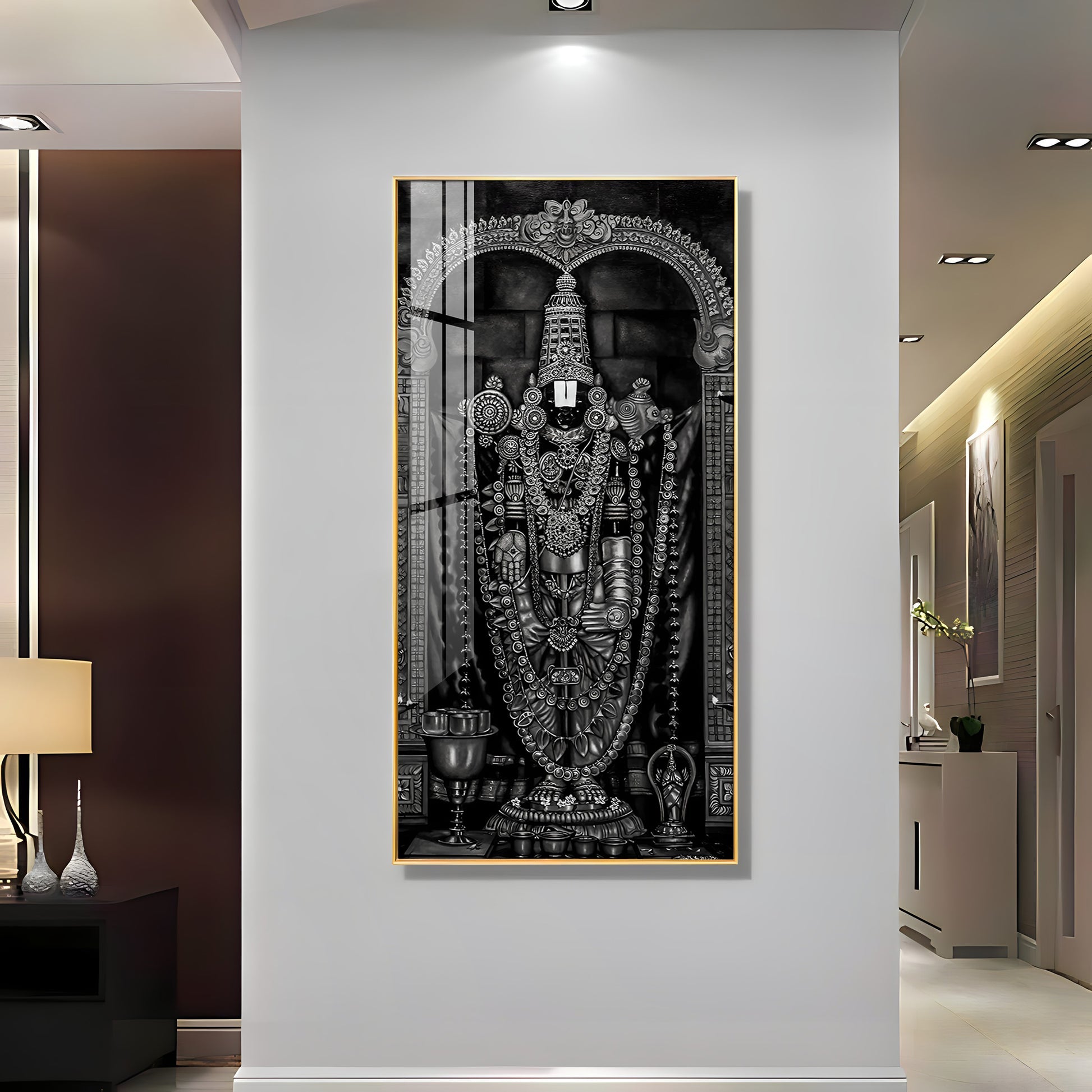 Classic Black and White Lord Venkateswara Acrylic Wall Painting with Traditional Temple Design