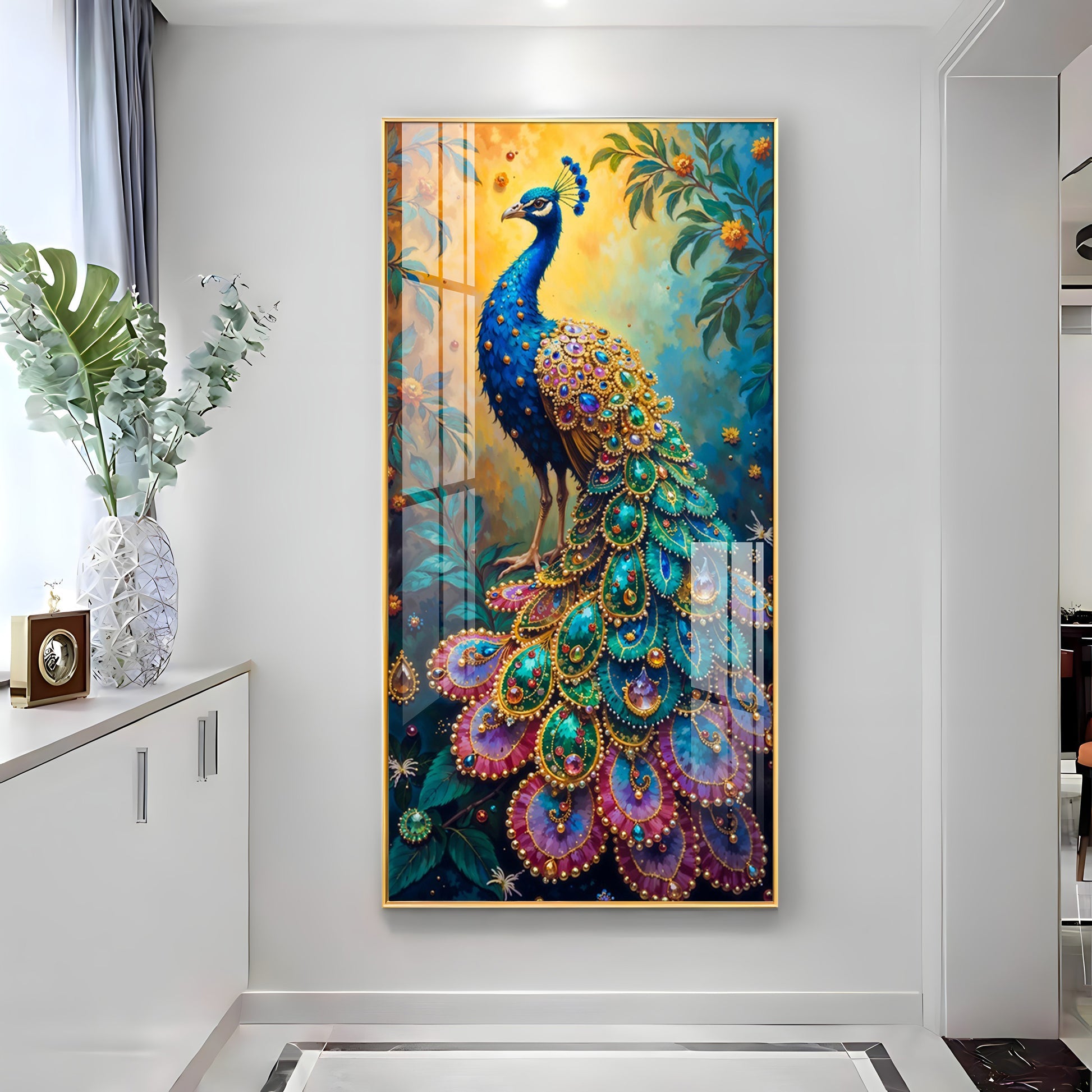 Artistic Peacock Acrylic Wall Painting with Detailed Feather Texture for Living Room Decoration