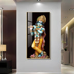 Sacred Lord Krishna Acrylic Wall Painting with Flute and Floral Base for Home Temple Decor