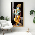 Sacred Lord Krishna Acrylic Wall Painting with Flute and Floral Base for Home Temple Decor