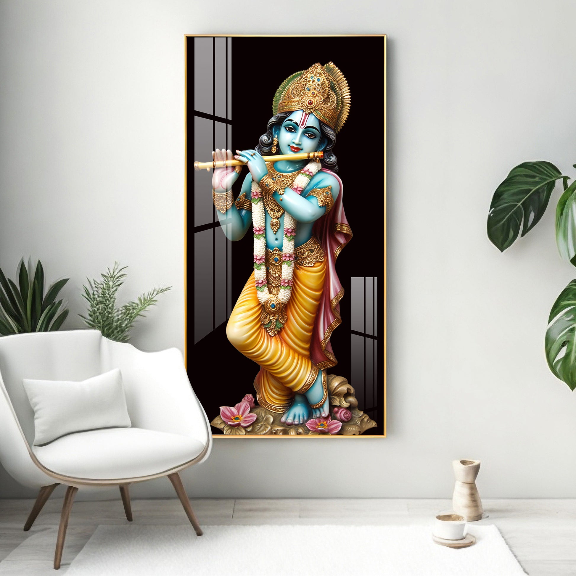 Sacred Lord Krishna Acrylic Wall Painting with Flute and Floral Base for Home Temple Decor