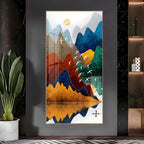 Artistic Nature Inspired Acrylic Wall Art with Multicolor Mountains, Birds and Lake Reflection