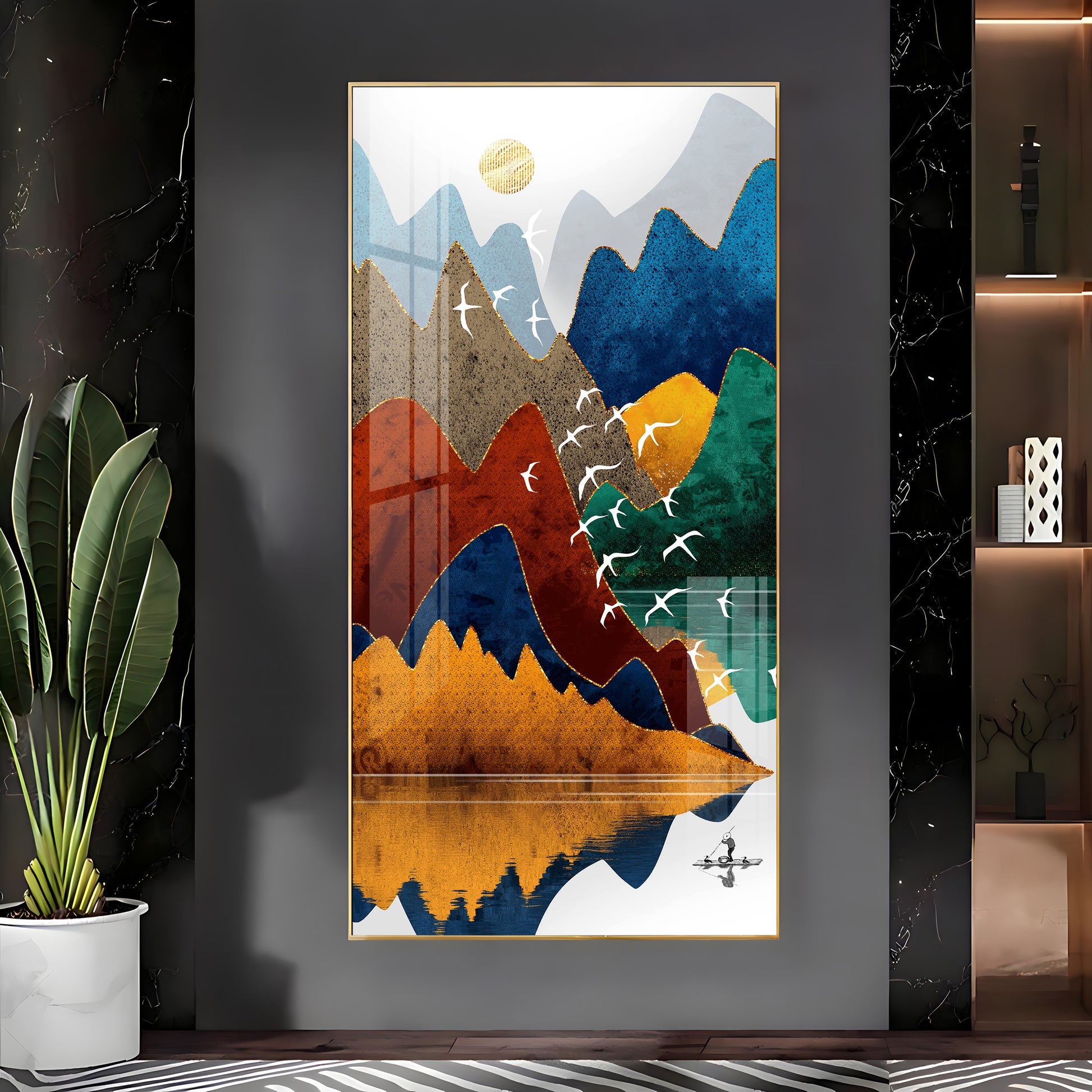 Artistic Nature Inspired Acrylic Wall Art with Multicolor Mountains, Birds and Lake Reflection