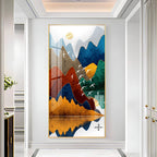 Artistic Nature Inspired Acrylic Wall Art with Multicolor Mountains, Birds and Lake Reflection