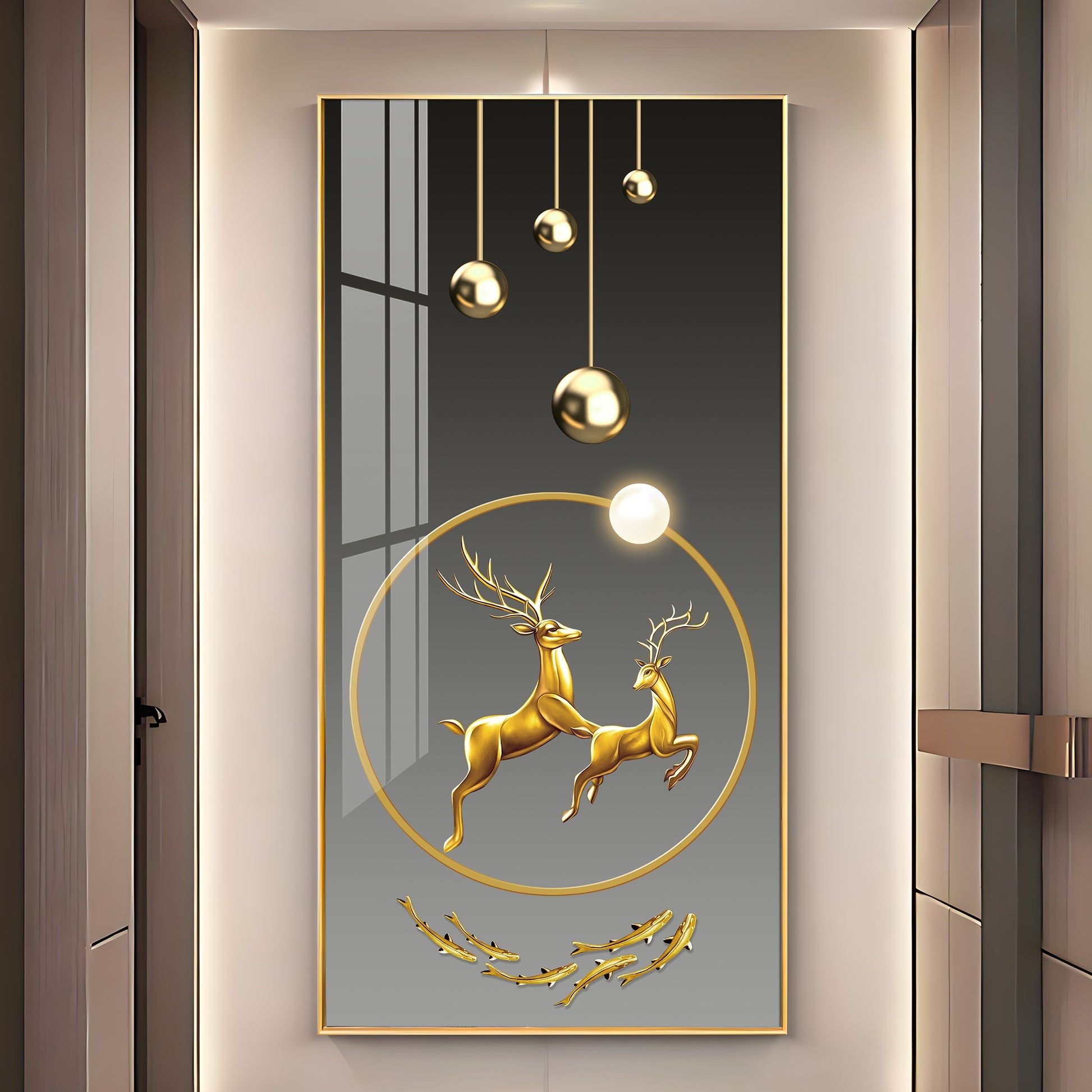 Modern deer design acrylic wall painting with golden abstract art for luxury home decor