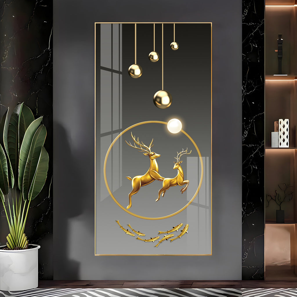 Modern deer design acrylic wall painting with golden abstract art for luxury home decor