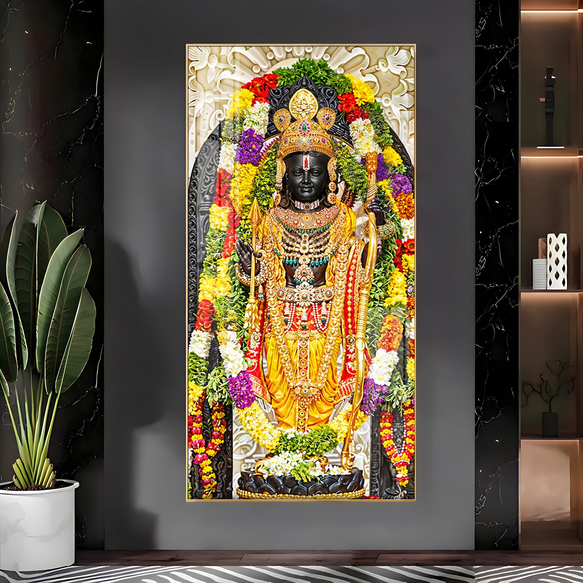 Premium Lord Ram statue design acrylic wall painting with traditional temple artwork style