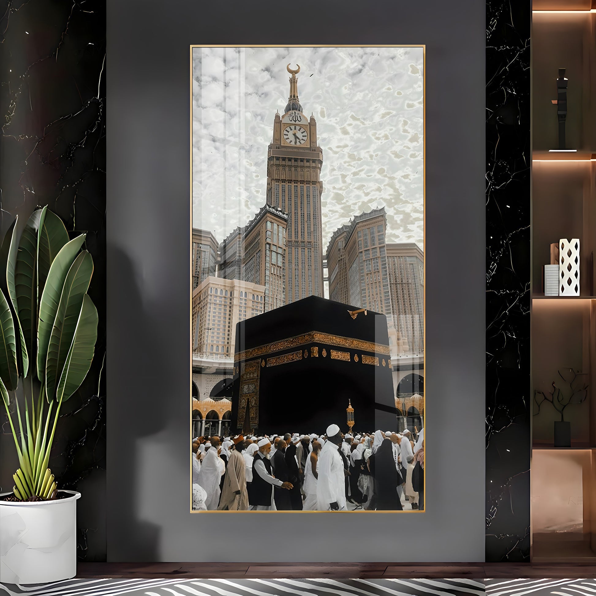 Islamic holy site artwork featuring Kaaba acrylic wall painting for living room and prayer space