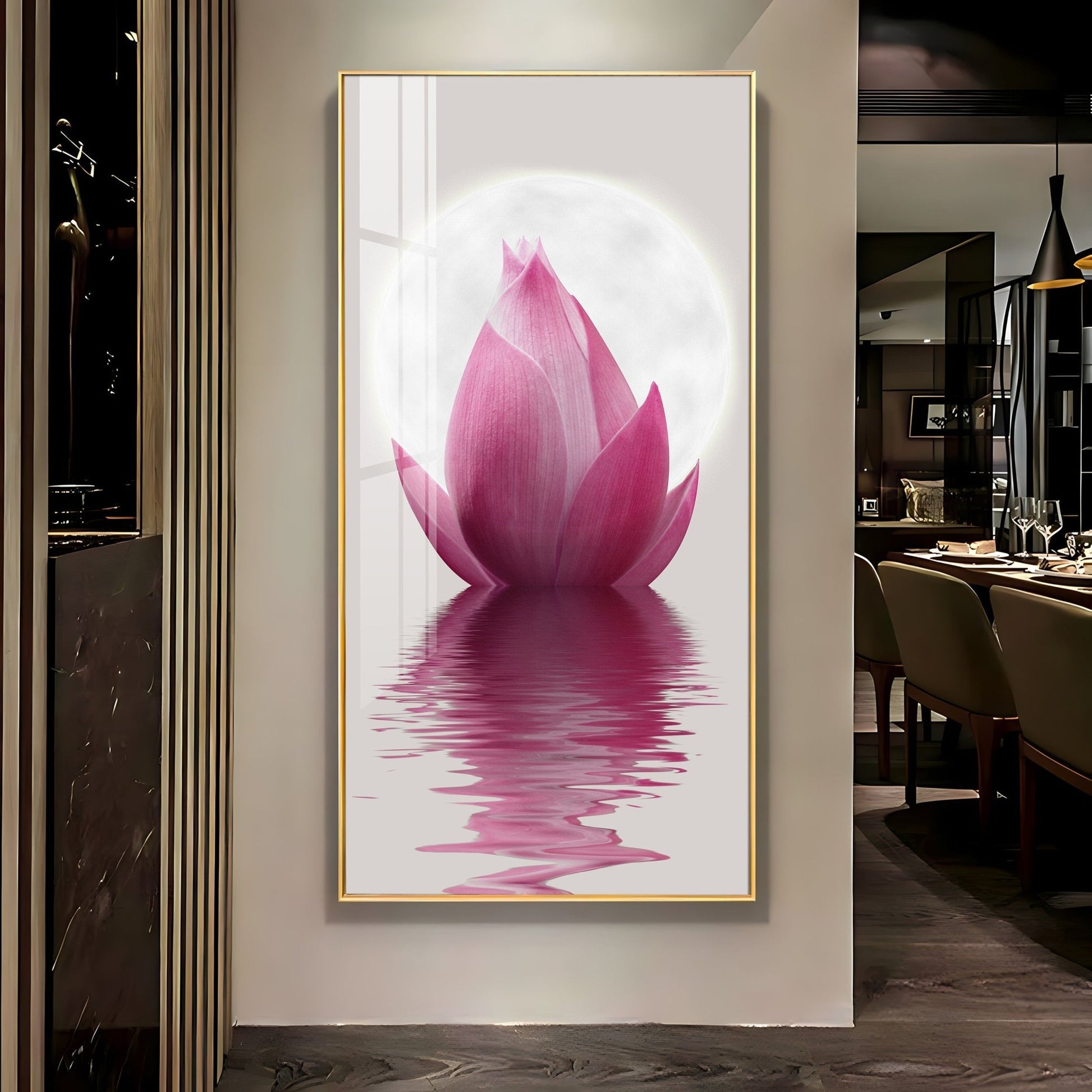 Elegant pink lotus flower reflection acrylic wall painting for calm and peaceful home decor