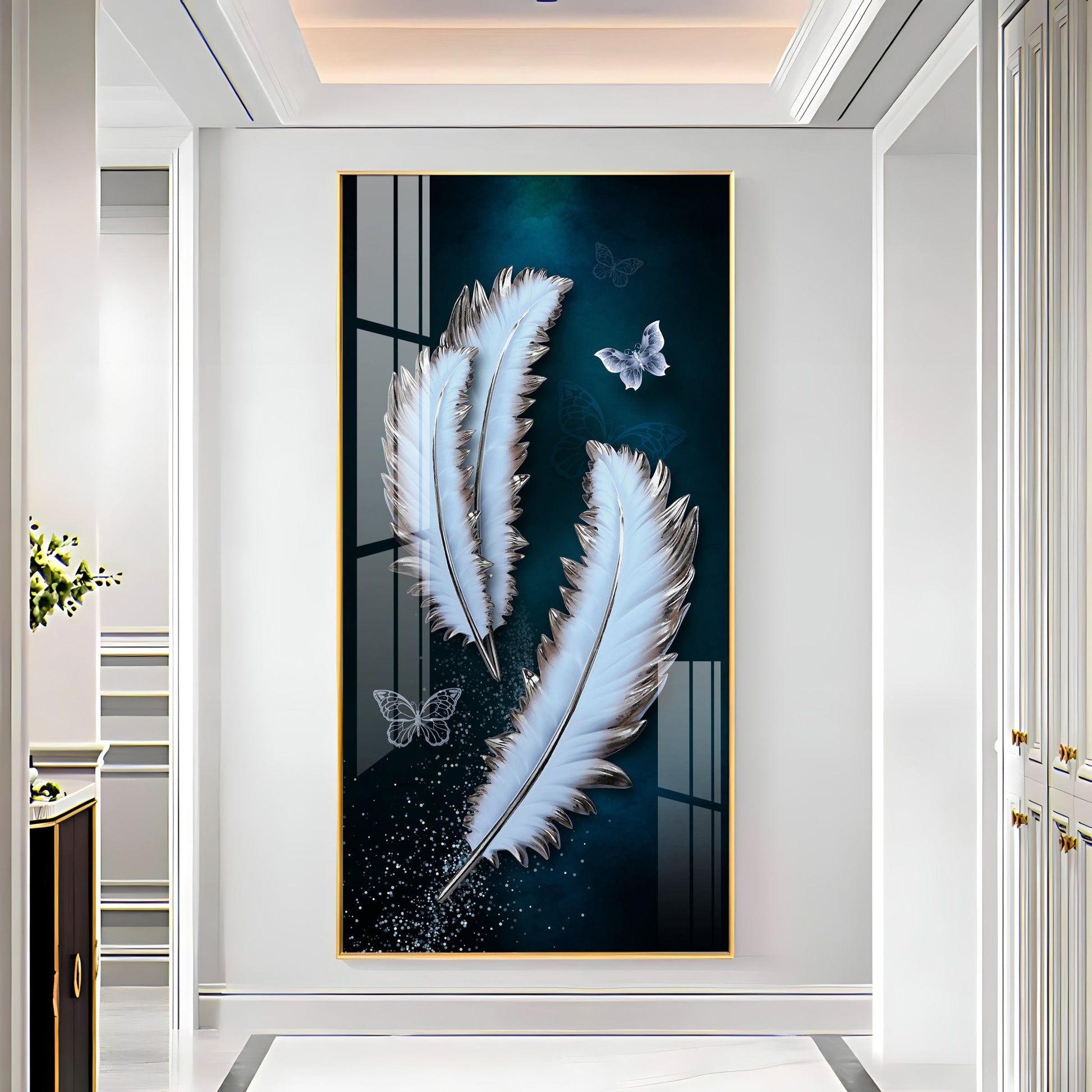 Elegant feather and butterfly modern art acrylic wall painting for stylish living room decor
