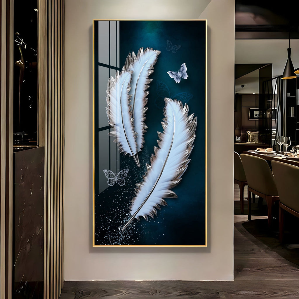 Elegant feather and butterfly modern art acrylic wall painting for stylish living room decor