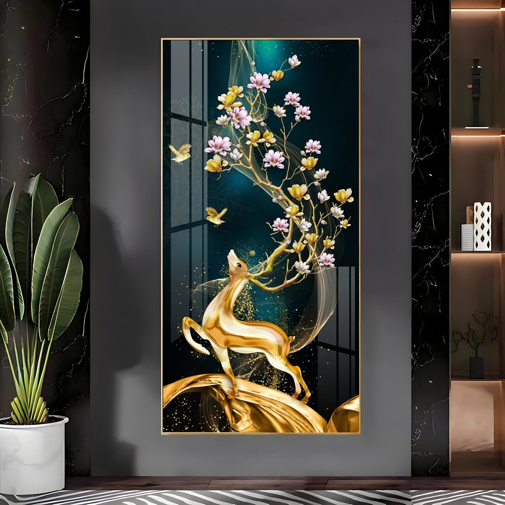 Elegant nature-inspired deer and blossom artwork acrylic wall painting for stylish home interiors