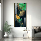 Premium golden and green leaf aesthetic acrylic wall painting for contemporary living room interiors
