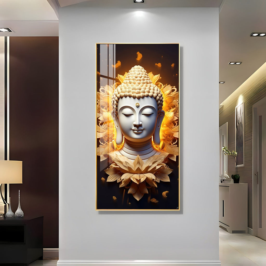 Peaceful Buddha head with radiant floral background acrylic wall painting for zen and relaxation decor