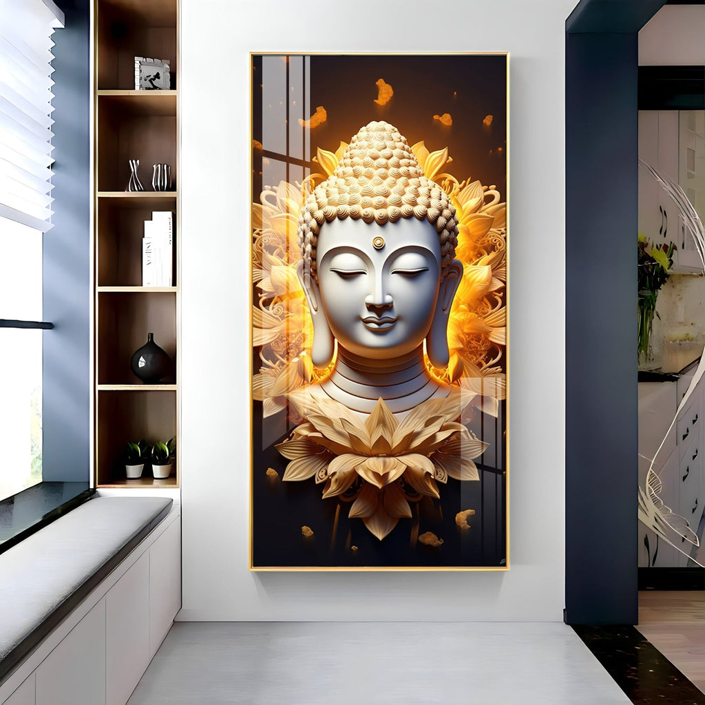 Peaceful Buddha head with radiant floral background acrylic wall painting for zen and relaxation decor