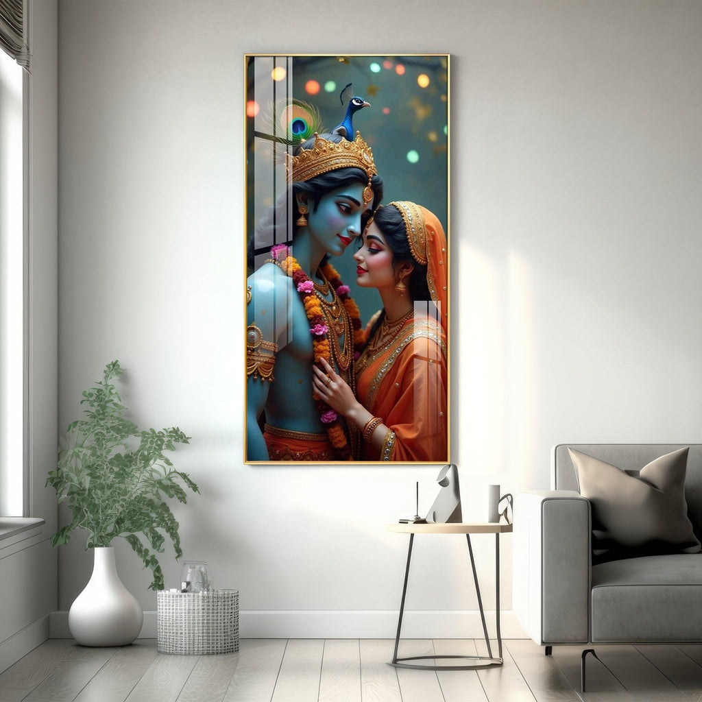 Lord Krishna and Radha intimate devotional artwork elegant acrylic wall painting for living room and bedroom