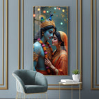 Lord Krishna and Radha intimate devotional artwork elegant acrylic wall painting for living room and bedroom