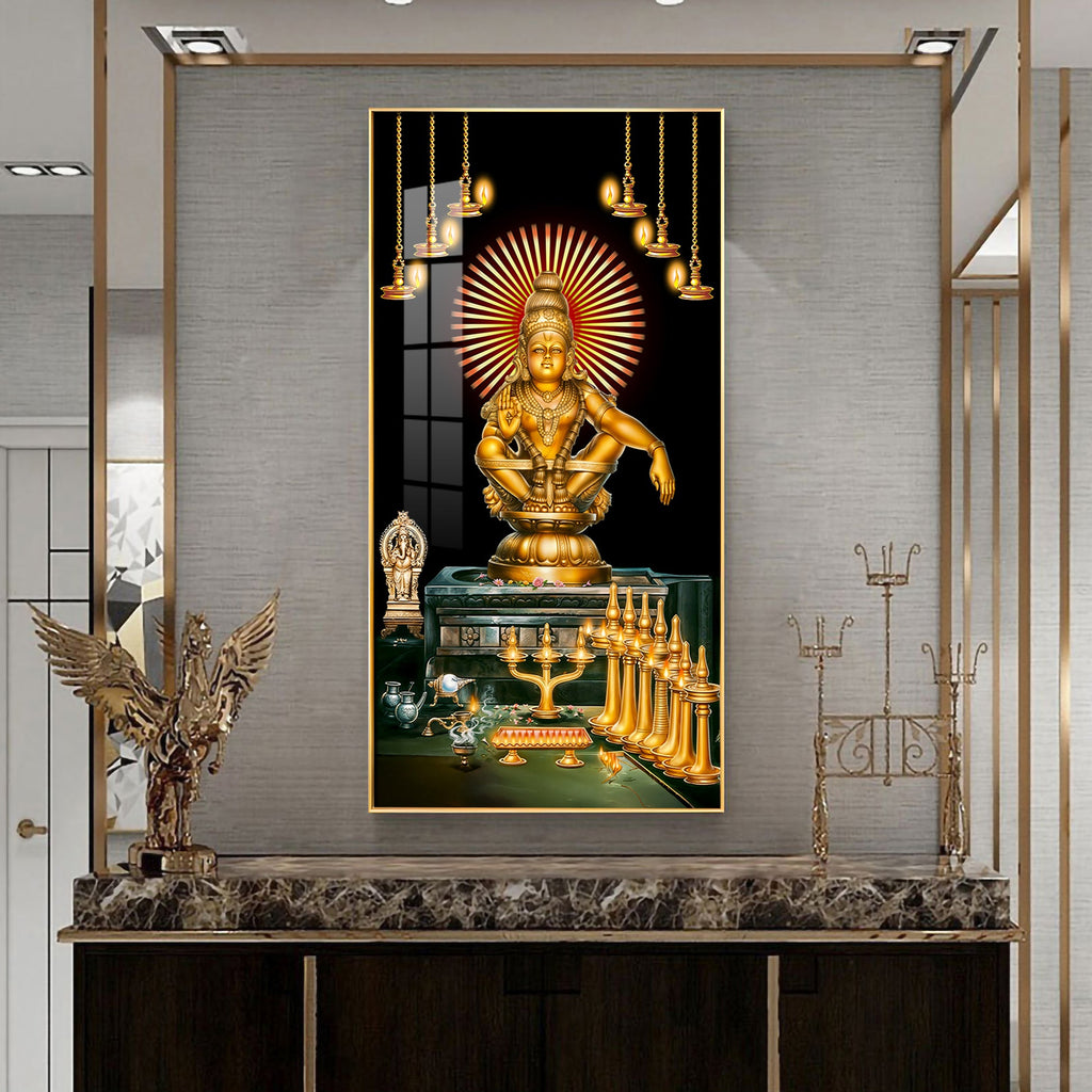 Ayyappa Swamy divine temple scene with diya lights and sacred setup acrylic wall painting for pooja room