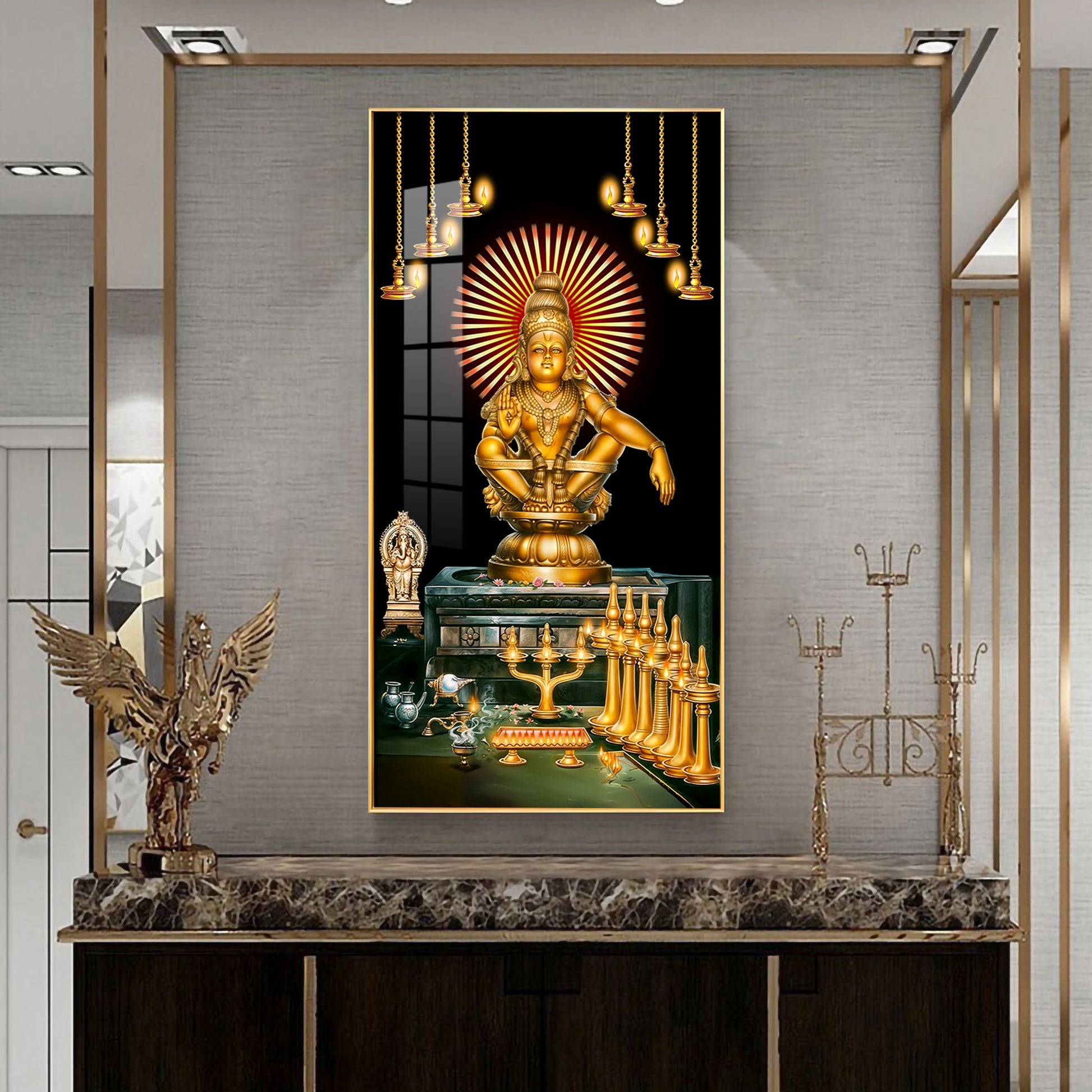 Ayyappa Swamy divine temple scene with diya lights and sacred setup acrylic wall painting for pooja room