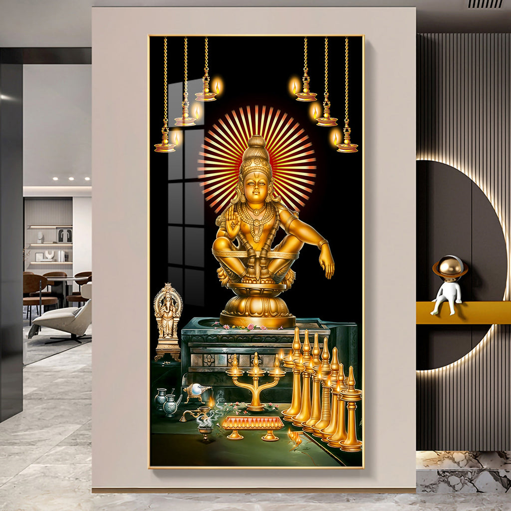 Ayyappa Swamy divine temple scene with diya lights and sacred setup acrylic wall painting for pooja room