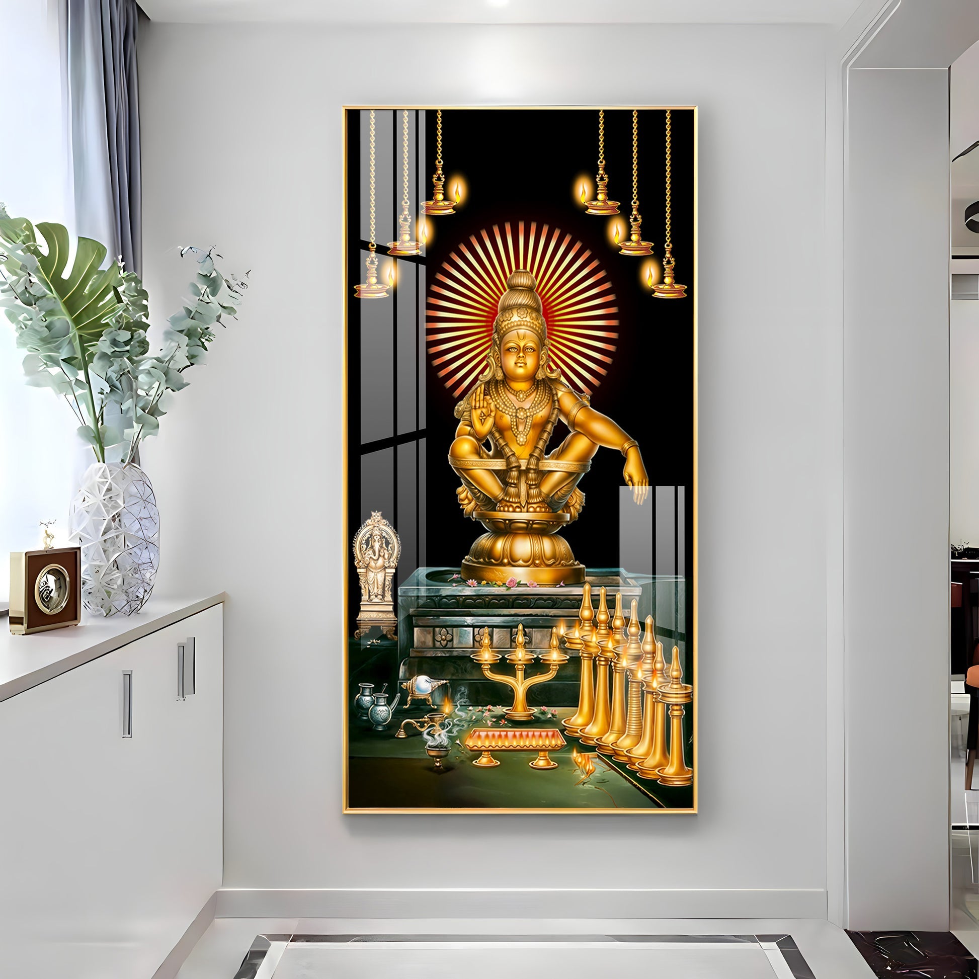 Ayyappa Swamy divine temple scene with diya lights and sacred setup acrylic wall painting for pooja room
