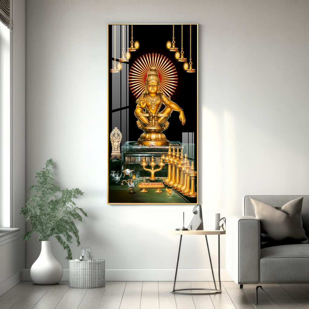 Ayyappa Swamy divine temple scene with diya lights and sacred setup acrylic wall painting for pooja room
