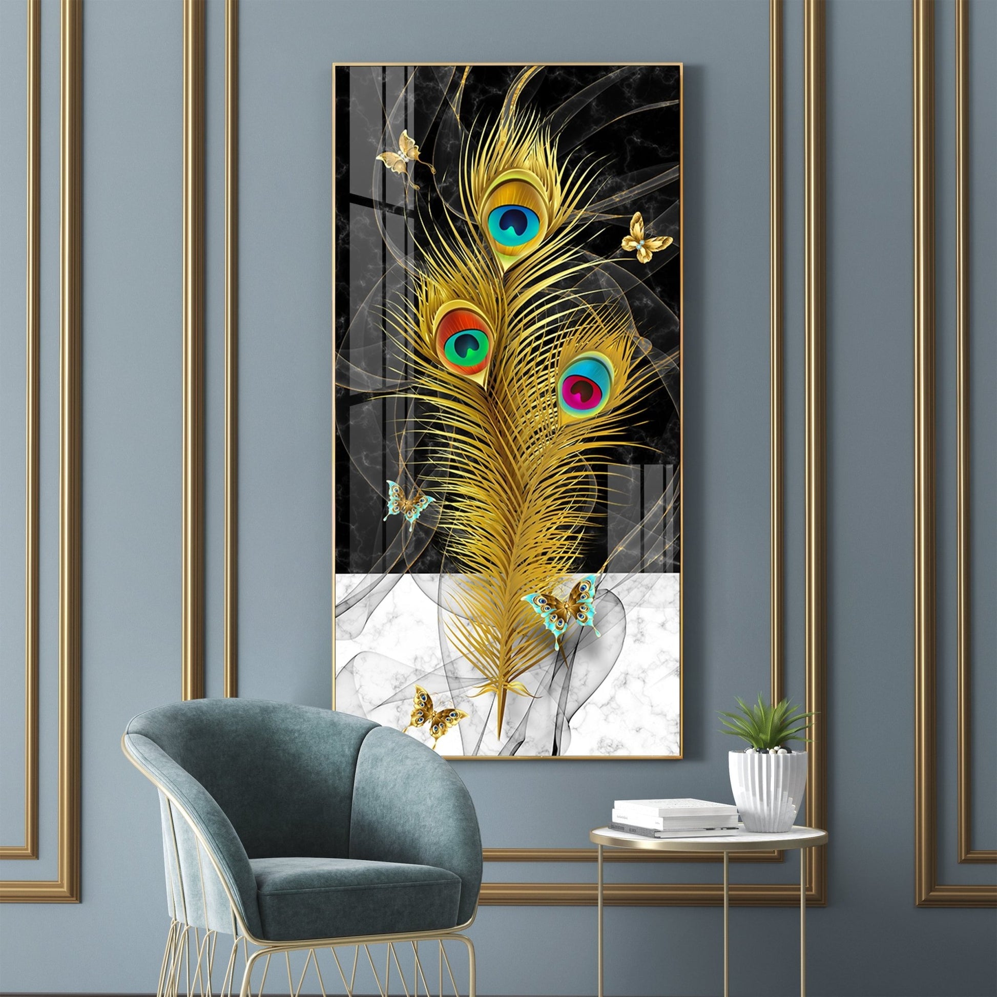 Krishna inspired peacock feather abstract art with black marble background acrylic wall painting for modern interiors