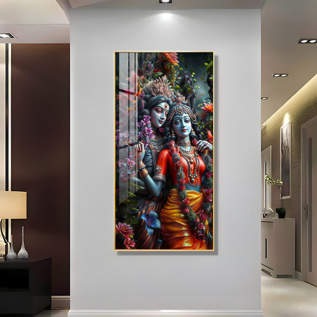Radha Krishna Divine Couple Floral Acrylic Wall Painting for Home Decoration