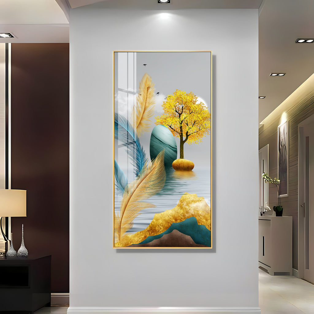Elegant Feather and Tree Design Acrylic Wall Painting for Living Room Interior