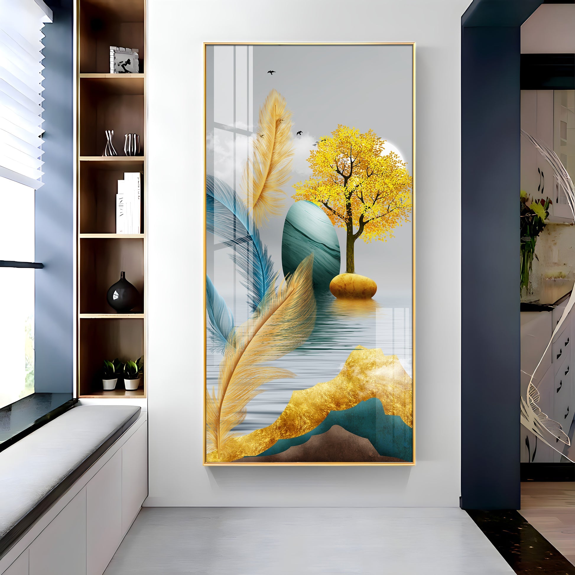 Elegant Feather and Tree Design Acrylic Wall Painting for Living Room Interior