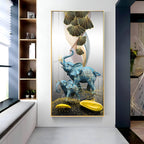 Luxury Blue Elephant Family with Golden Abstract Elements Acrylic Wall Painting for Modern Home Decor